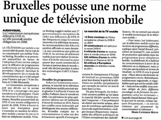 Bruxelles pousse une norme unique de télévision mobile