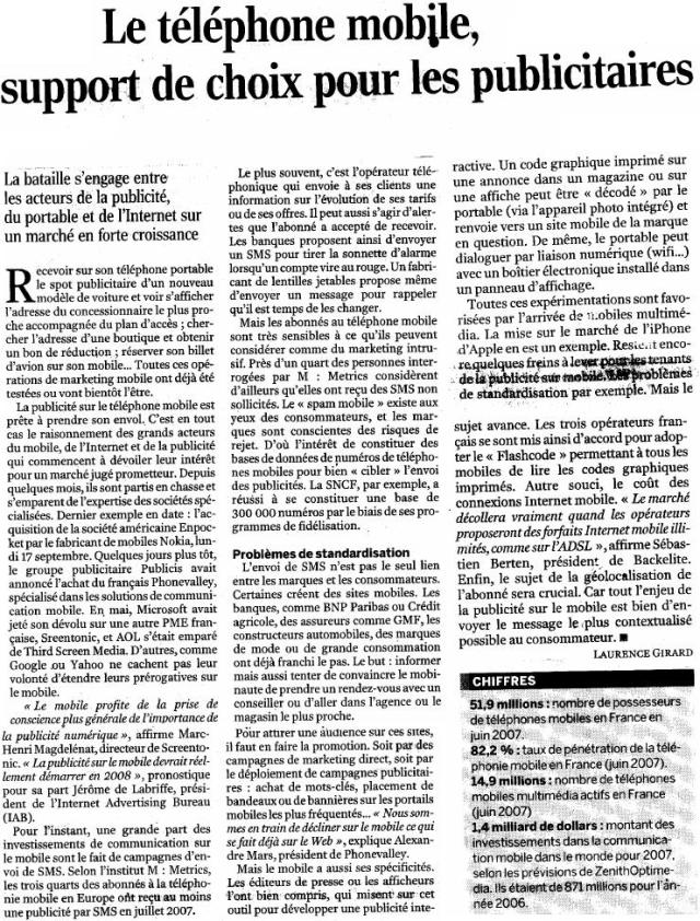 Source : Article « Le téléphone mobile, support de choix pour les publicitaires », extrait du quotidien Le Monde, 25 septembre 2007.