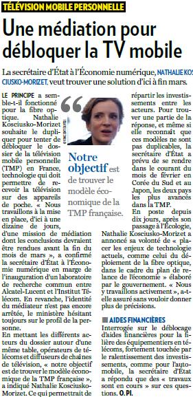Source : Article « Une médiation pour débloquer la TV mobile », extrait du quotidien La Tribune, 28 janvier 2009.