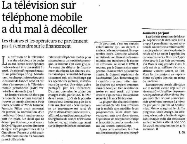 La télévision sur téléphone mobile a du mal à décoller