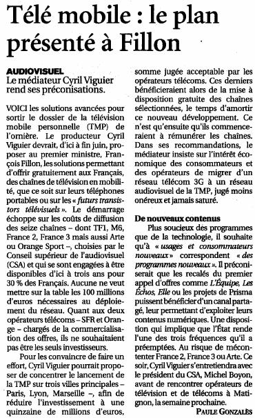 Source : Article « Télé mobile : le plan présenté à Fillon », extrait du quotidien Le Figaro, 7 mai 2009.