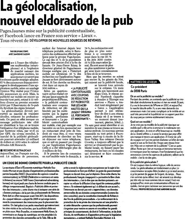 Source : Article « La géolocalisation, nouvel eldorado de la pub », extrait du quotidien La Tribune, 1 octobre 2010.