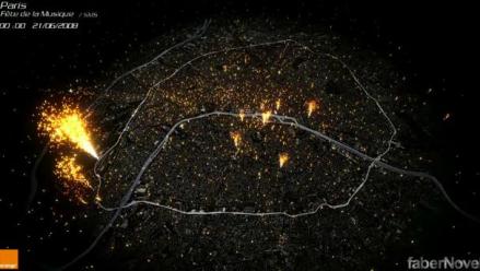 Représentation de la quantité de services de messageries SMS envoyés lors de la fête de la musique du 21 juin 2008, FaberNovel – Orange Labs. La forte activité de l’Ouest parisien est due au concert de Tokio Hotel au Parc des Princes et d’un concert organisé par France 2 à l’hippodrome d’Auteuil.