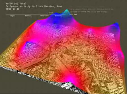 Représentation des flux de déplacement de personnes lors du match de football France-Italie du 9 juillet 2006, projet Real Time Rome, Seansable City Lab, M.I.T.