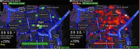 Représentation de l’application Citysense. Cette application préfigure un type d’usage des données spatio-temporelles agrégées. Elle propose une cartographie des activités urbaines basée sur l’activité Wifi des téléphones mobiles et des GPS équipant les taxis, et sur laquelle sont ajoutées des informations concernant les activités culturelles. Cette représentation dynamique donne aux utilisateurs un moyen de connaître et de choisir un endroit où sortir le soir, en repérant les lieux les plus animés.