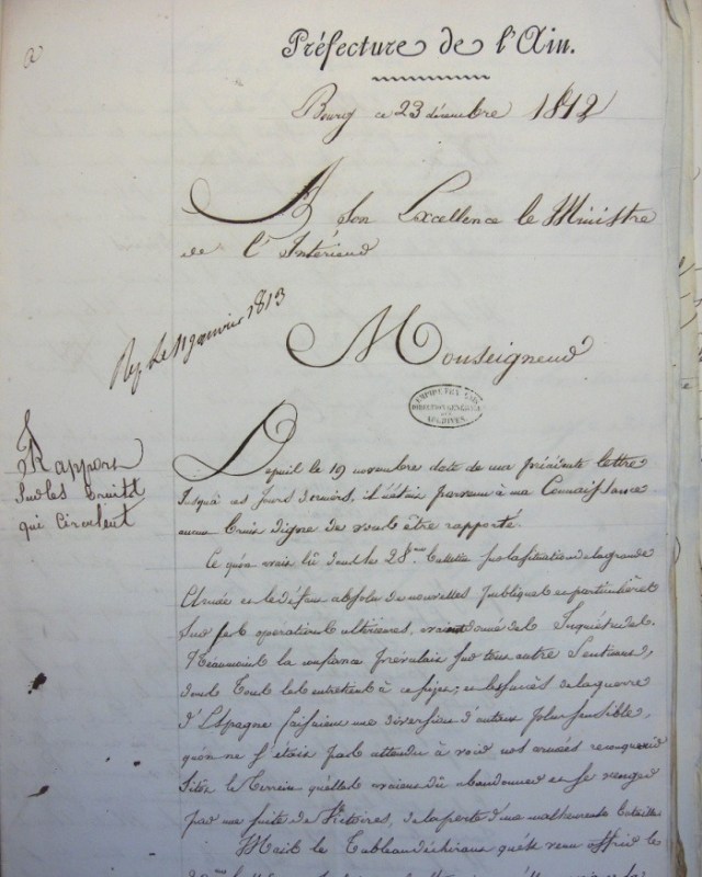 Source : « Rapport sur les bruits qui circulent », feuillet extrait de la lettre du préfet du département de l’Ain au ministre de l’Intérieur, Bourg-en-Bresse, 23 décembre 1812, F1/cIII/Ain/8, Archives Nationales, Paris, France.
