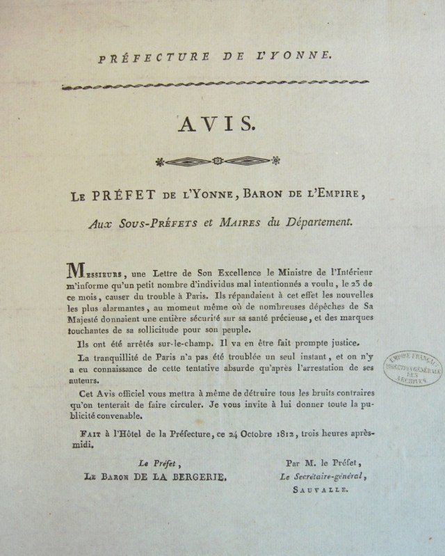 Lettre du préfet du département de l’Yonne (Jean-Baptiste Rougier de la Bergerie) aux sous-préfets et maires des communes, Auxerre, 24 octobre 1812, F1/cIII/Yonne/10, Archives Nationales, Paris, France.