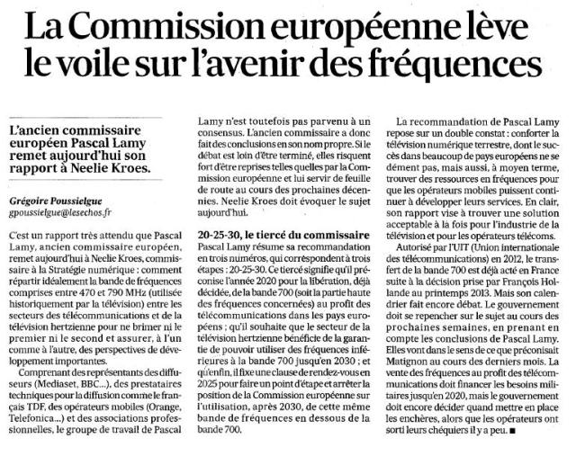 Source : Article « La Commission européenne lève le voile sur l'avenir des fréquences », extrait du quotidien Les échos, 1 septembre 2014.