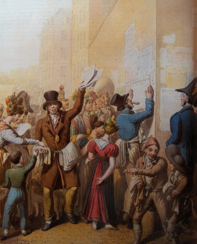 Source : « La lecture des affiches de la rue de Castiglione », planche extraite des Tableaux de Paris sous le Premier Empire, Georg Emmanuel Opitz (1775-1841), peinture à l’aquarelle, 1831, Musée Carnavalet, Paris, France.